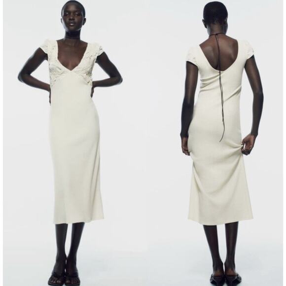 NWT ZARA ECRU IVORY LACE MIDI RIBBED COTTON DRESS SIZE S - Picture 1 of 6